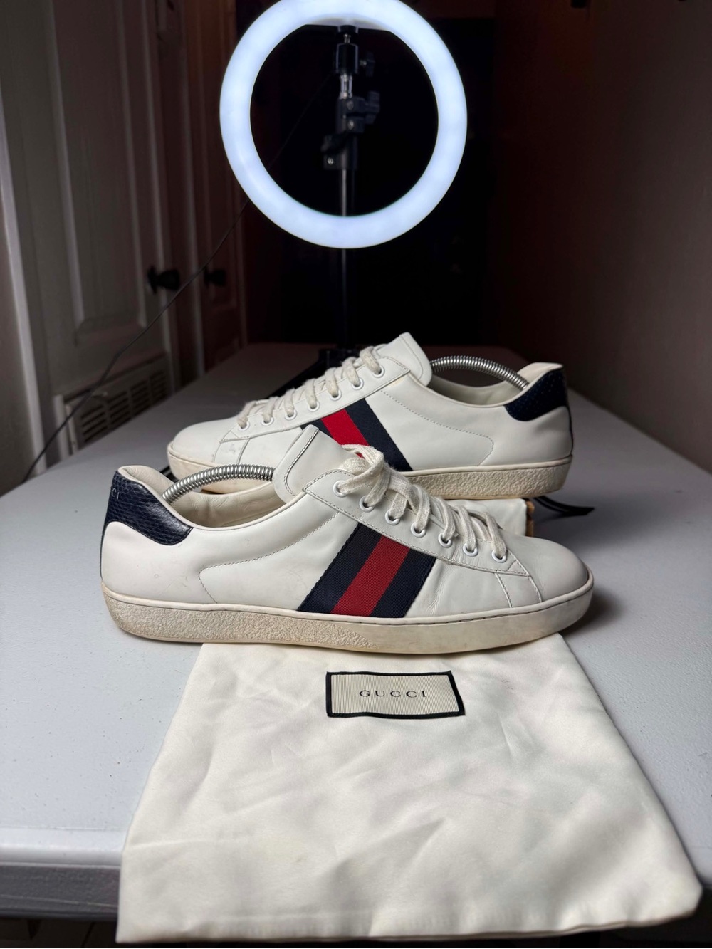 Gucci Men Ace Leather Sneakers Sz 10 G / 11 US